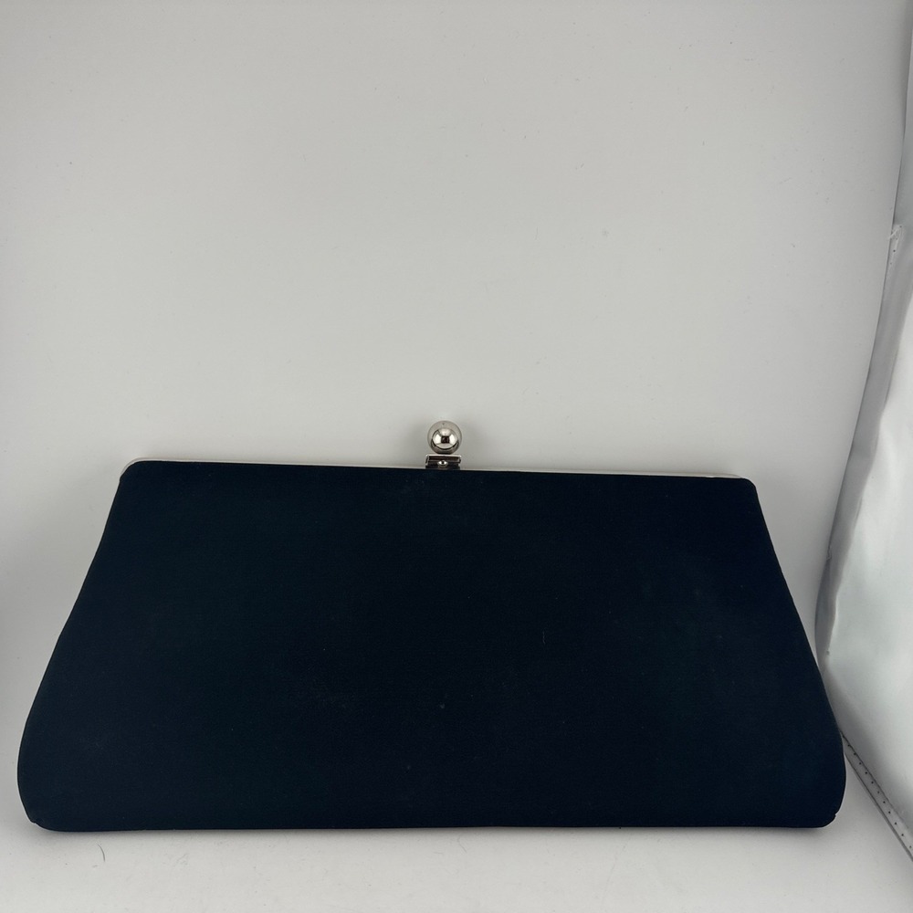 Vintage Black Clutch Purse Silver Kiss Lock Chain Faux Pearl Evening Bag 1950s